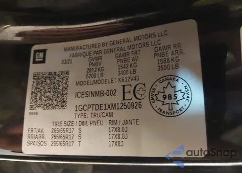 2021 Chevrolet Colorado Z71 z USA, uszkodzony, nr VIN 1GCPTDE1XM1250926